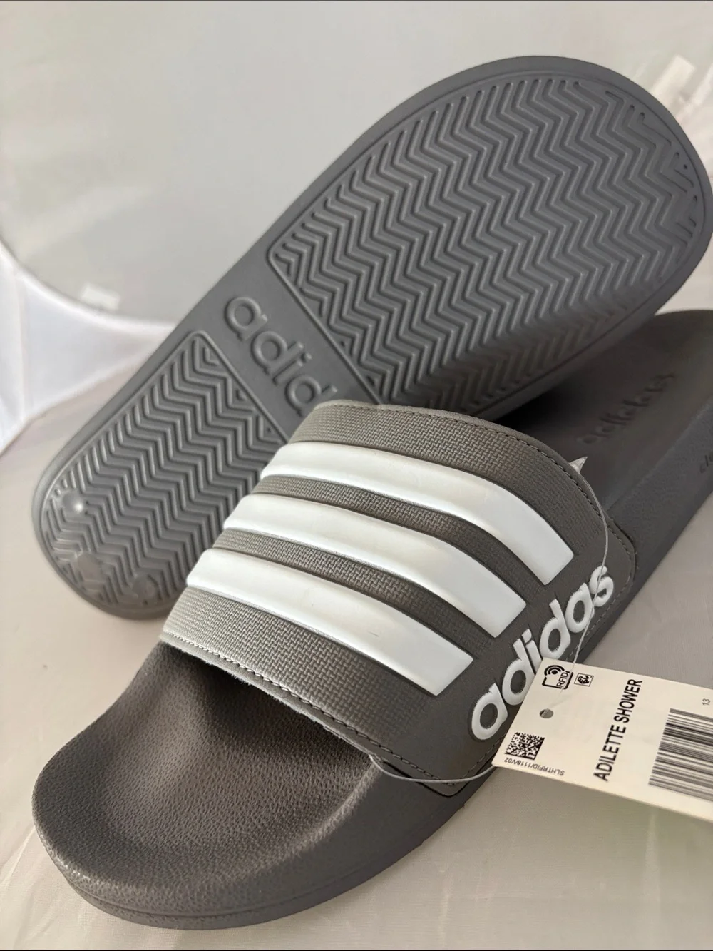 New adidas Gray Slide Sandals with White Stripes men’s Size 13